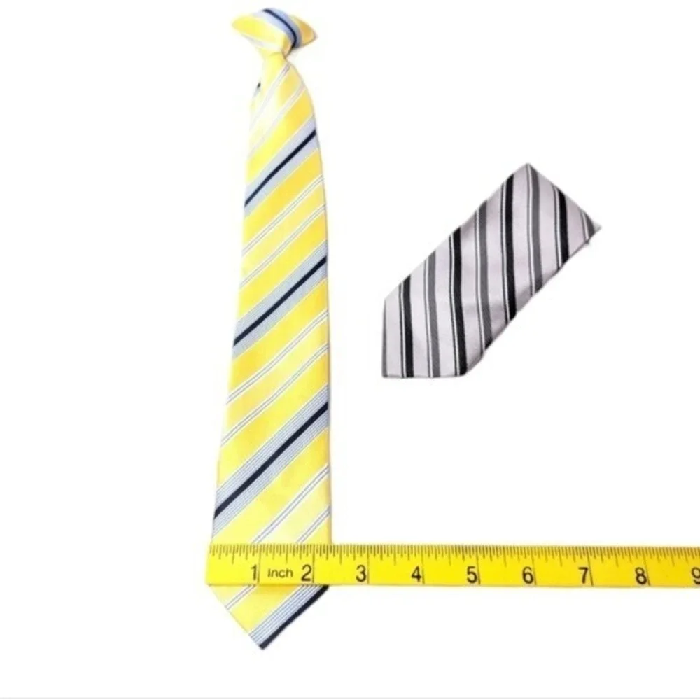 LOT OF 2 Boys Clip Tie Yellow Blue White and Silver Black Gray Stripes